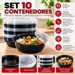 Set de 10 Contenedores Redondos de Plástico con Tapa Hermética Libres de BPA de 1 L Negro