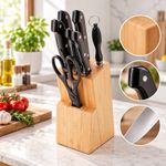 Set de Cuchillos de Acero Inoxidable con Bloque de Bambú, Tijera y Chaira para Cocina con Mango Negro, 8 Piezas