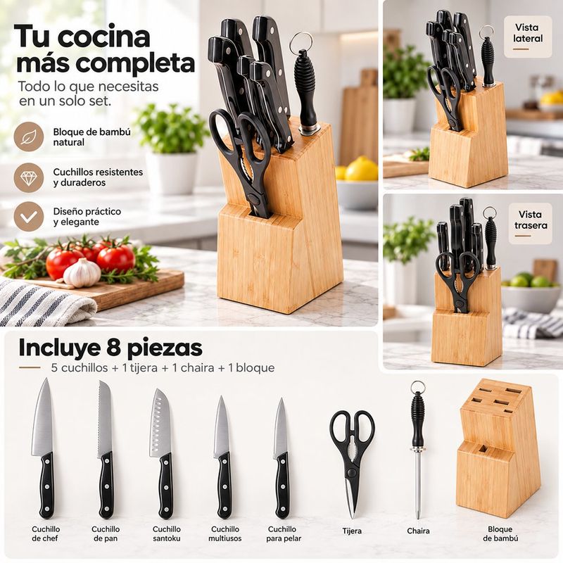 Set de Cuchillos de Acero Inoxidable con Bloque de Bambú, Tijera y Chaira para Cocina con Mango Negro, 8 Piezas
