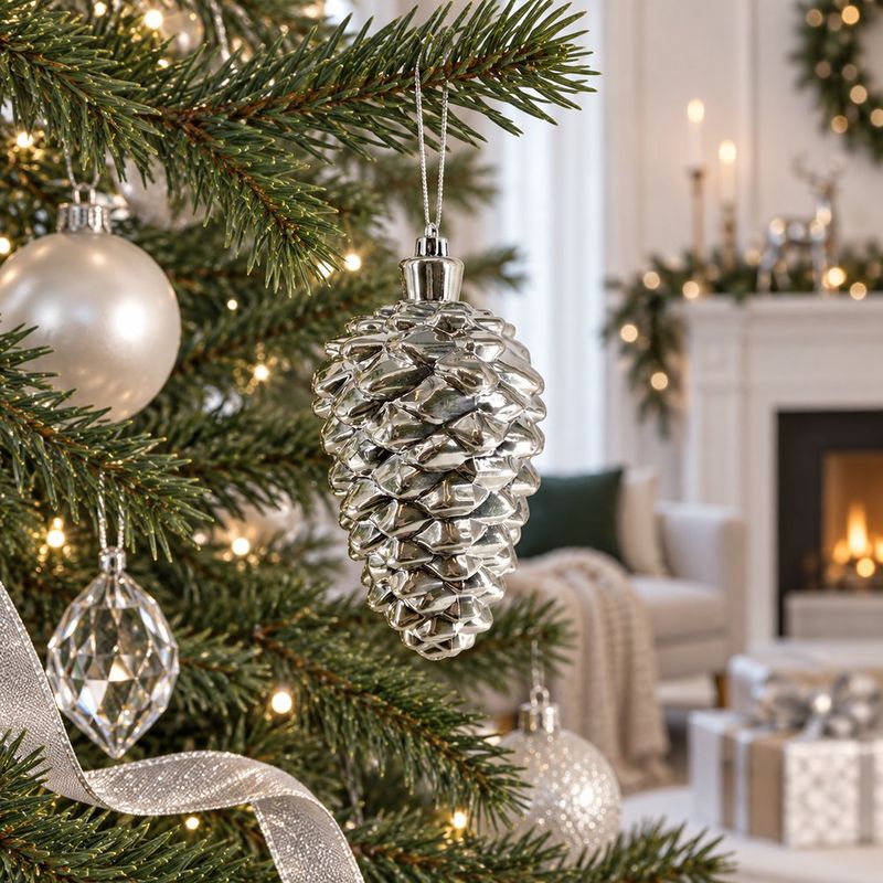 Adorno Navideño Colgante en Forma de Piña Plateada para Árbol de Navidad
