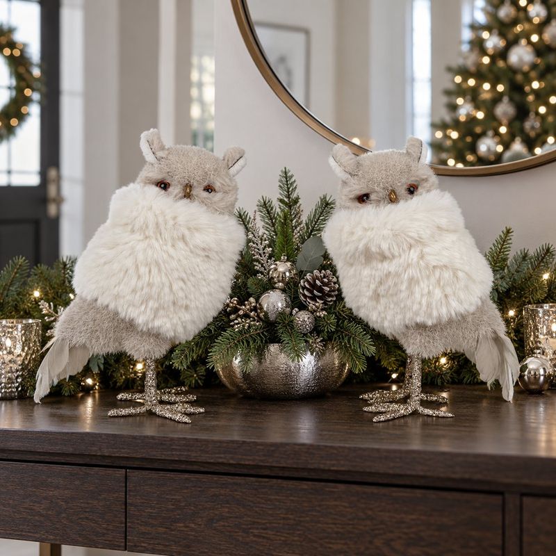Búho Decorativo de Espuma y Poliéster 15 x 10 x 21 cm Blanco y Beige Derecho para Navidad