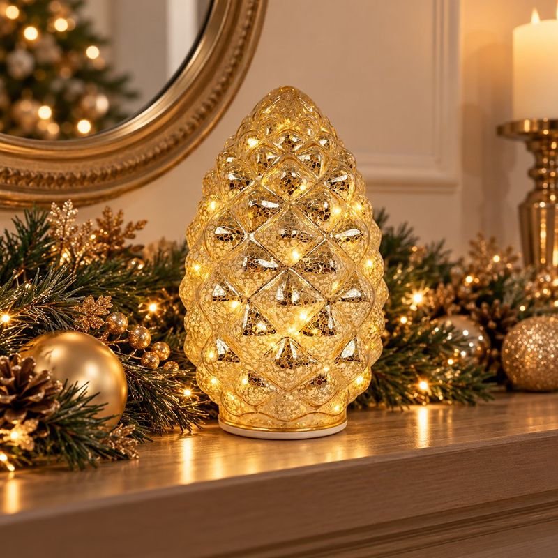 Piña de Vidrio con Luz LED de 24 cm para Decoración Navideña Dorado