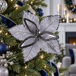 Flor Decorativa Navideña Plateada de Poliéster y Metal 30 cm para Arreglos