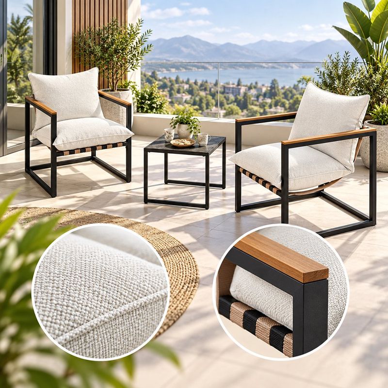 Set de Sala para Exterior Lulu con 2 Sillones y Mesa de Centro de Estructura Metálica y Cojines Negro y Blanco, 3 Piezas