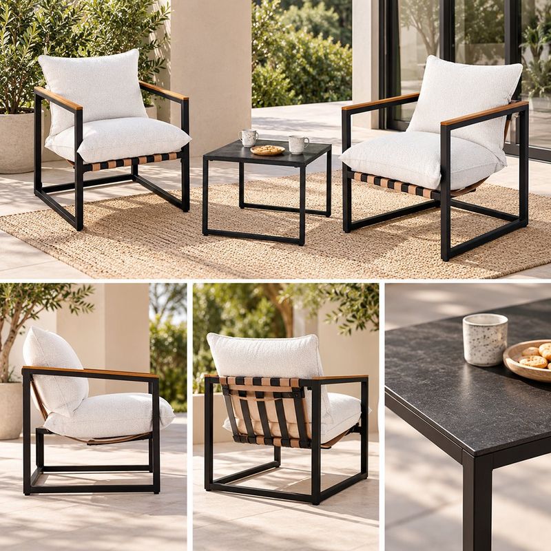 Set de Sala para Exterior Lulu con 2 Sillones y Mesa de Centro de Estructura Metálica y Cojines Negro y Blanco, 3 Piezas