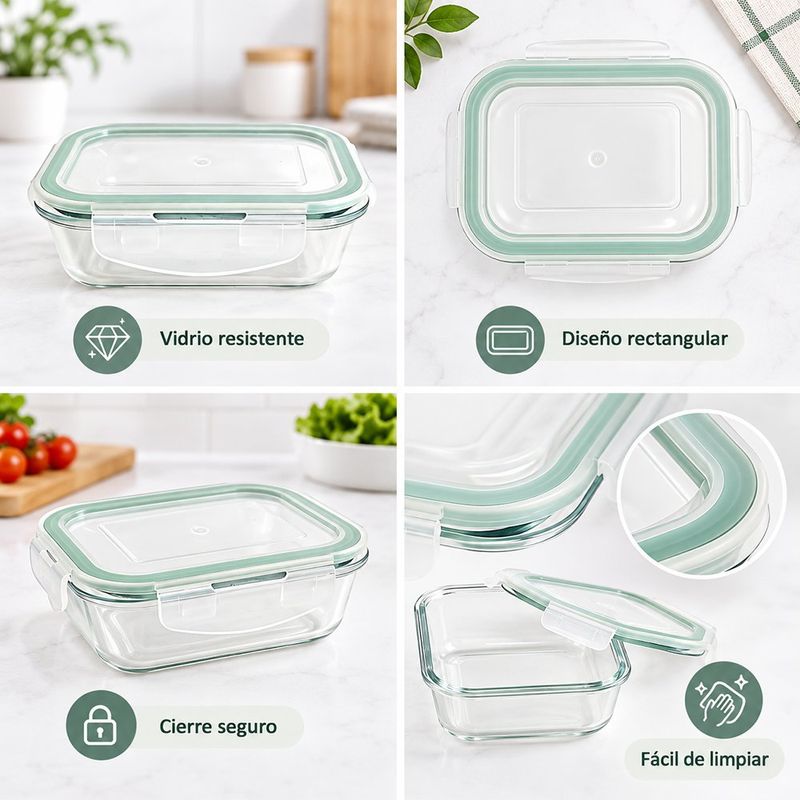 Recipiente Hermético de Vidrio Rectangular con Tapa de Cierre Seguro y Sello de 950 mL Transparente y Verde, 2 Piezas
