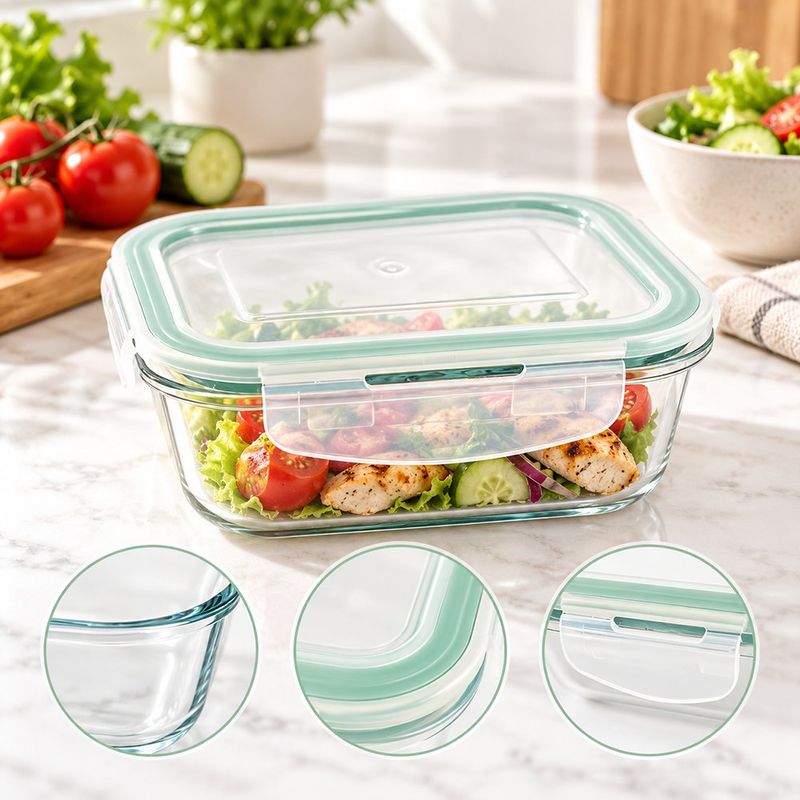 Recipiente Hermético de Vidrio Rectangular con Tapa de Cierre Seguro y Sello de 950 mL Transparente y Verde, 2 Piezas