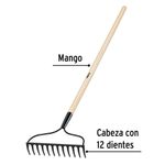 Rastrillo Jardinero de 12 Dientes con Cabeza de Acero Soldada y Mango de Madera de 48 Plg Negro