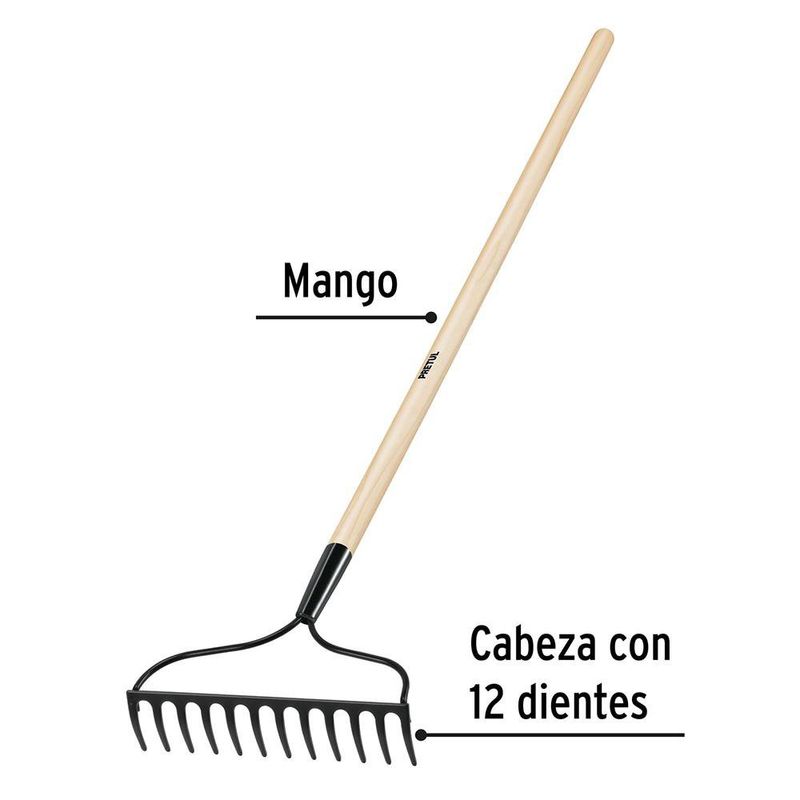 Rastrillo Jardinero de 12 Dientes con Cabeza de Acero Soldada y Mango de Madera de 48 Plg Negro