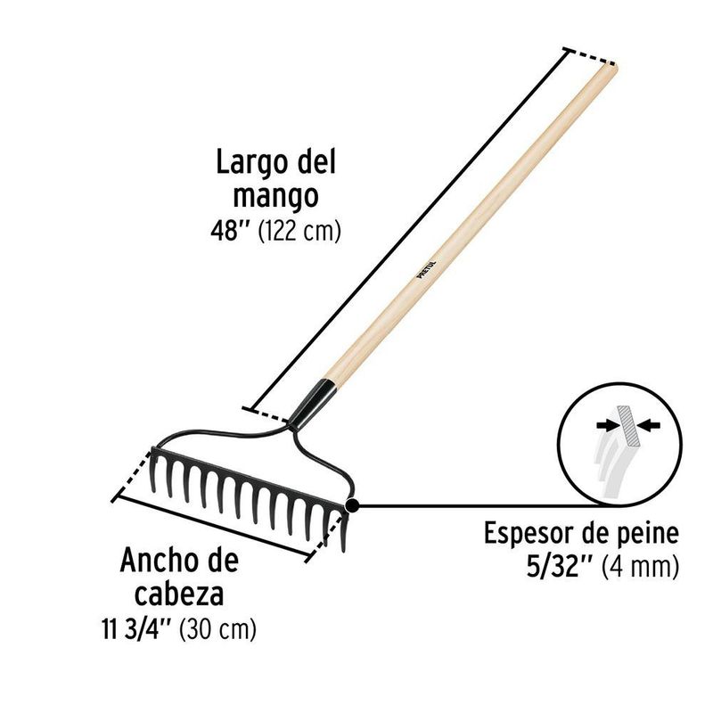 Rastrillo Jardinero de 12 Dientes con Cabeza de Acero Soldada y Mango de Madera de 48 Plg Negro