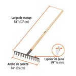 Rastrillo Recto de 14 Dientes con Cabeza de Acero Forjado y Mango de Madera de 54 Plg Gris