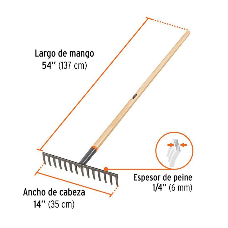 Rastrillo Recto de 14 Dientes con Cabeza de Acero Forjado y Mango de Madera de 54 Plg Gris