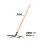 Rastrillo Recto de 14 Dientes con Cabeza de Acero Forjado y Mango de Madera de 54 Plg Gris