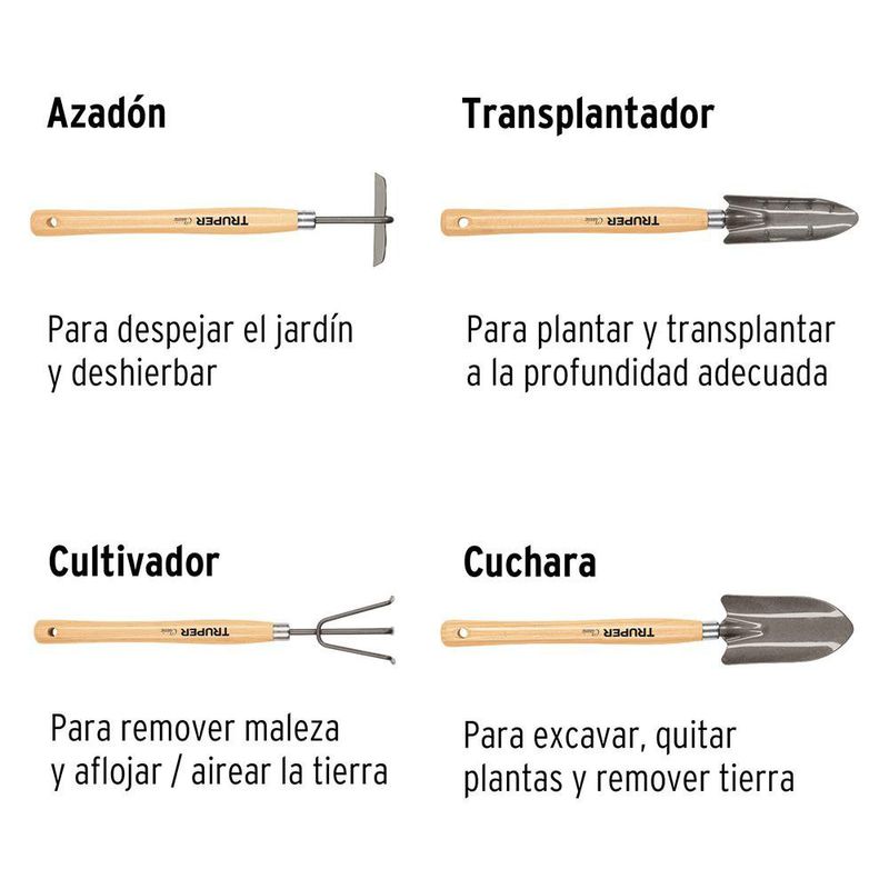 Juego de Herramientas de Mano para Jardín de Acero al Carbono con Mangos de Madera para Horticultura, 4 Piezas