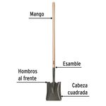 Pala Cuadrada de Acero al Carbono con Mango Largo de Madera para Excavación y Carga de 141 Cm Negro y Natural