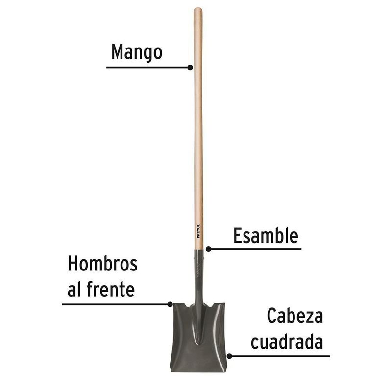 Pala Cuadrada de Acero al Carbono con Mango Largo de Madera para Excavación y Carga de 141 Cm Negro y Natural