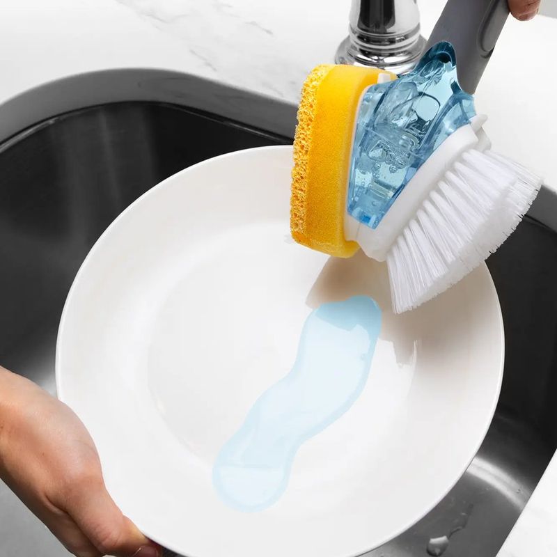 Cepillo con Dispensador de Jabón de Doble Cara con Esponja y Cerdas para Cocina o Baño Gris