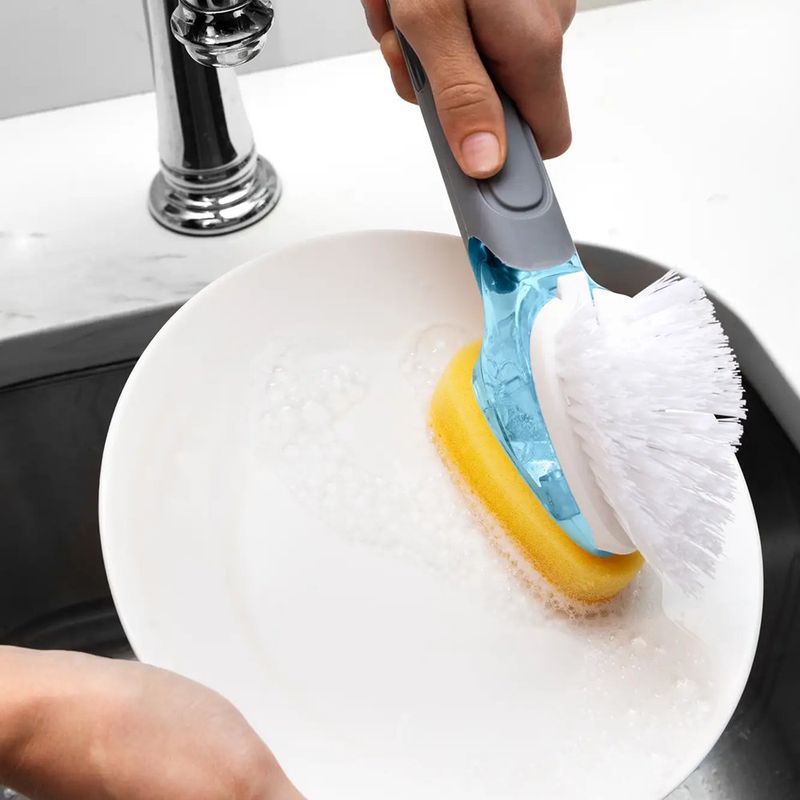 Cepillo con Dispensador de Jabón de Doble Cara con Esponja y Cerdas para Cocina o Baño Gris