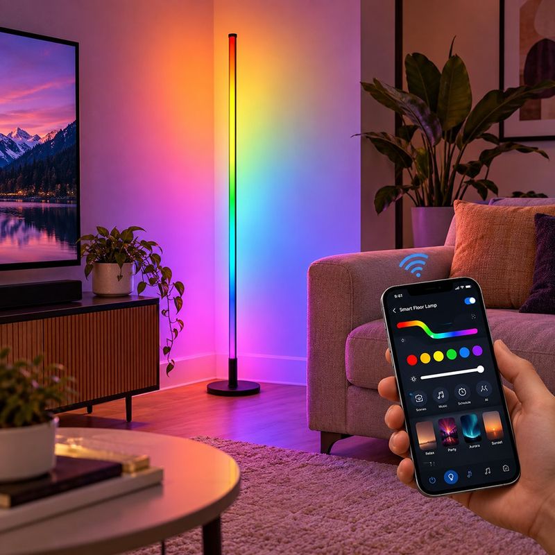Lámpara de Pie LED Inteligente RGBIC con Wi-Fi e IA en Color Negro