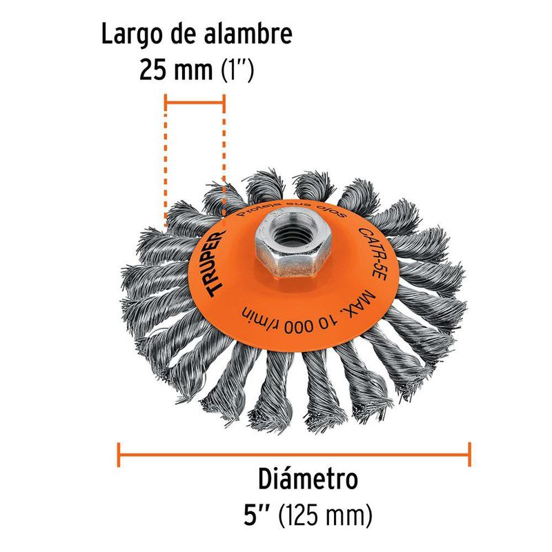 Carda Cónica de 5 Plg con Alambre Trenzado y Rosca 5/8-11