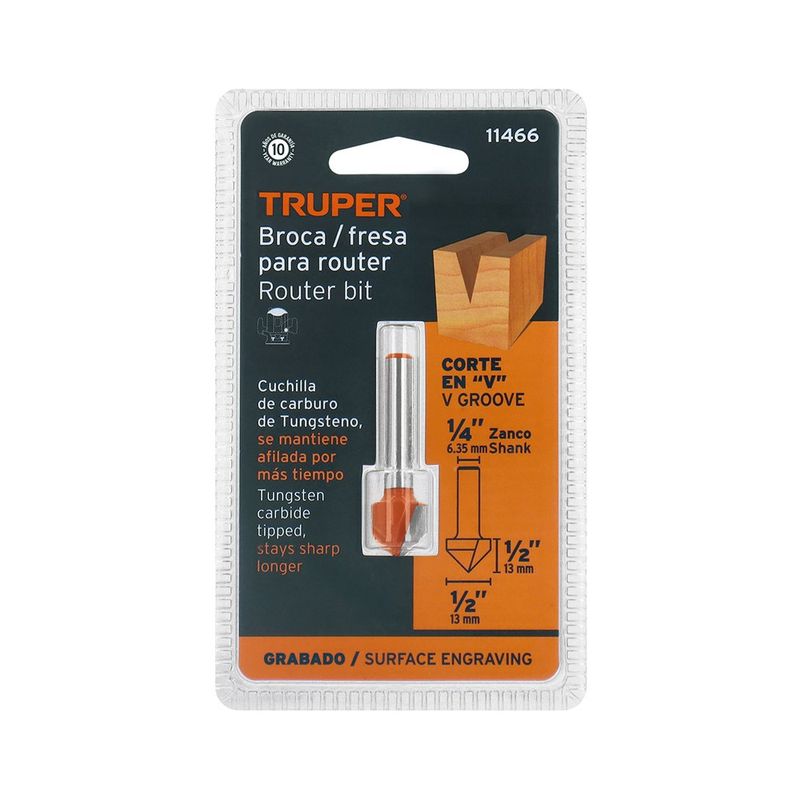 Fresa para Router Corte en V de 1/2 Plg con Zanco de 1/4 Plg
