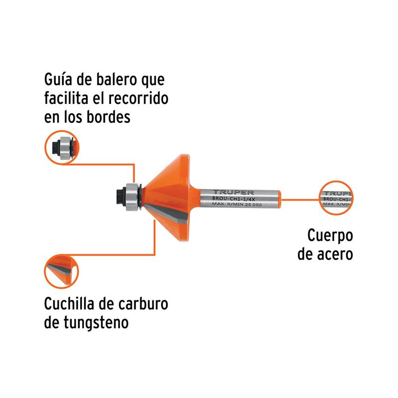 Fresa para Router Chaflán de 1-1/4 Plg Zanco de 1/4 Plg