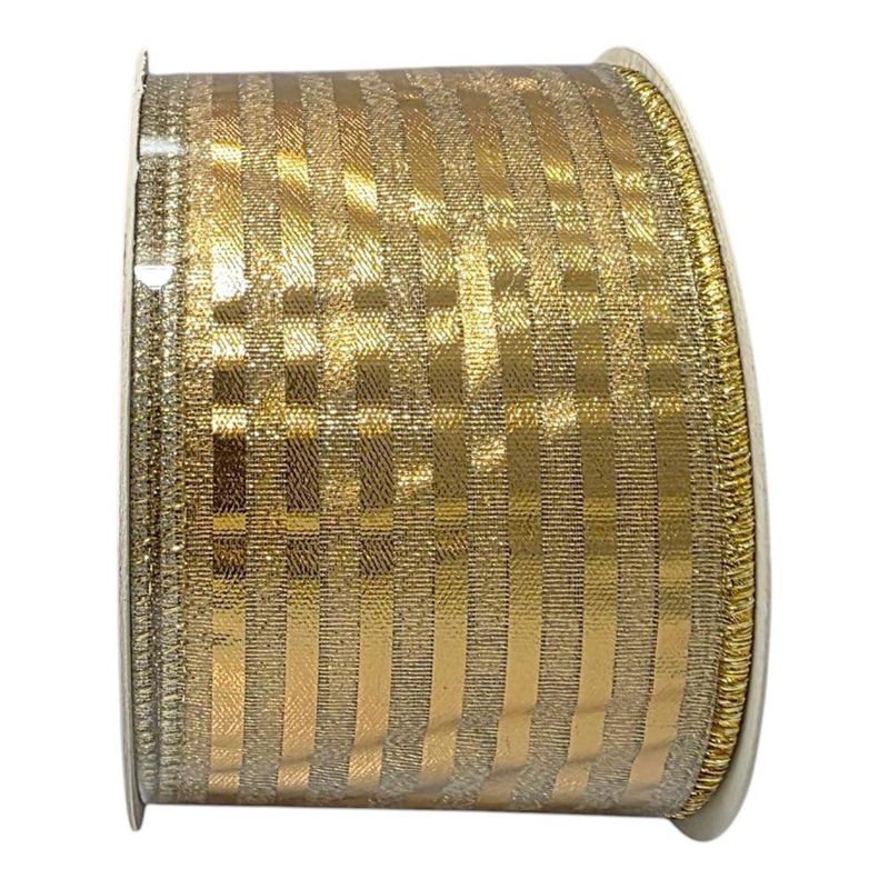 Listón Decorativo Navideño con Brillo Color Dorado con Líneas 2.5 plg x 9 yd