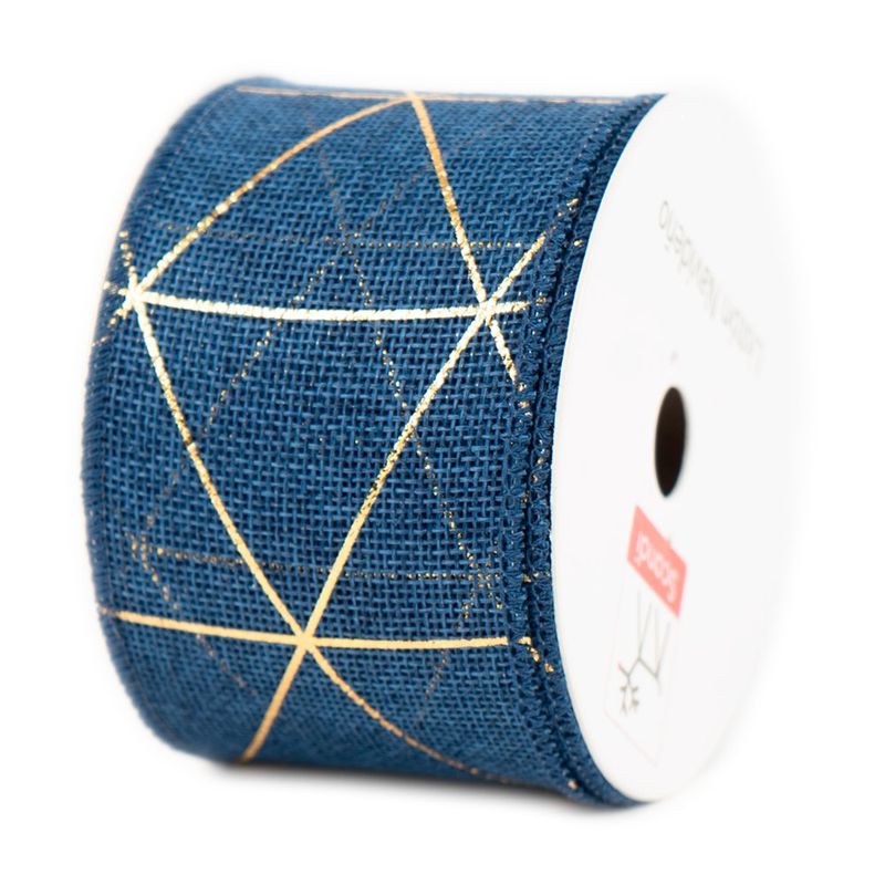 Listón Decorativo Navideño Azul con Diseño de Líneas Geométricas Doradas 2.5 Plg x 9 Yd