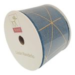 Listón Decorativo Navideño Azul con Diseño de Líneas Geométricas Doradas 2.5 Plg x 9 Yd