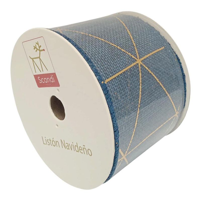 Listón Decorativo Navideño Azul con Diseño de Líneas Geométricas Doradas 2.5 Plg x 9 Yd