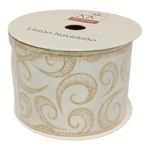 Listón Decorativo Navideño Plateado con Diseño de Espirales Doradas 2.5 Plg x 9 Yd