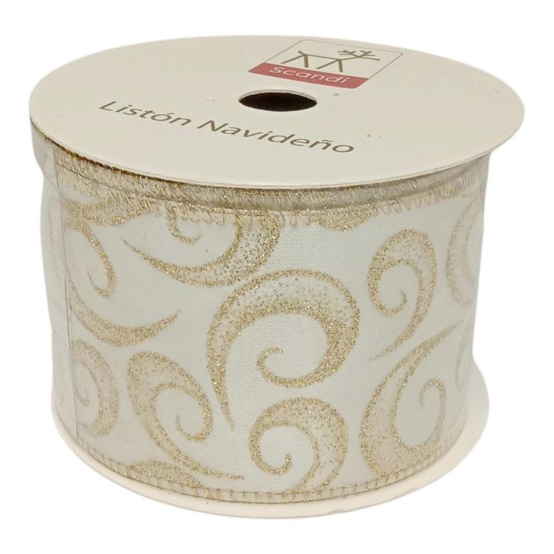 Listón Decorativo Navideño Plateado con Diseño de Espirales Doradas 2.5 Plg x 9 Yd