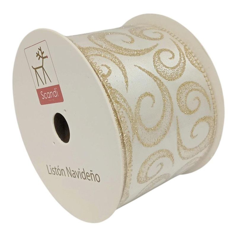 Listón Decorativo Navideño Plateado con Diseño de Espirales Doradas 2.5 Plg x 9 Yd