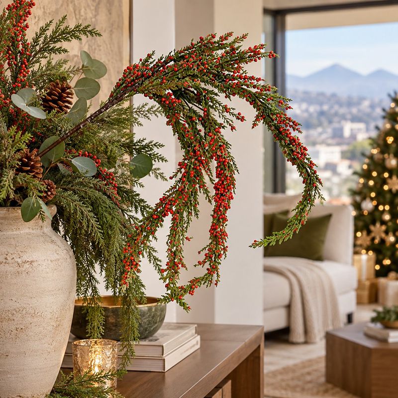 Ramo Navideño Verde con Bayas Rojas 30 x 76.2 cm