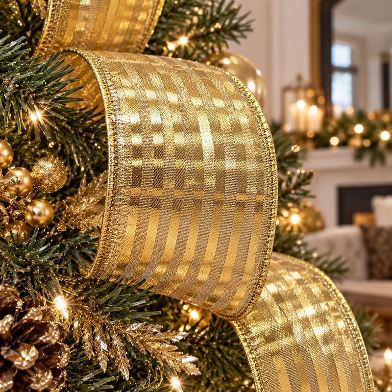 Listón Decorativo Navideño con Brillo Color Dorado con Líneas 2.5 plg x 9 yd