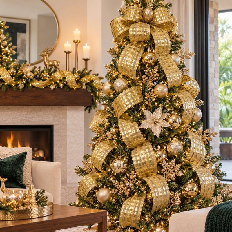Listón Decorativo Navideño con Brillo Color Dorado con Líneas 2.5 plg x 9 yd