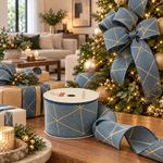 Listón Decorativo Navideño Azul con Diseño de Líneas Geométricas Doradas 2.5 Plg x 9 Yd