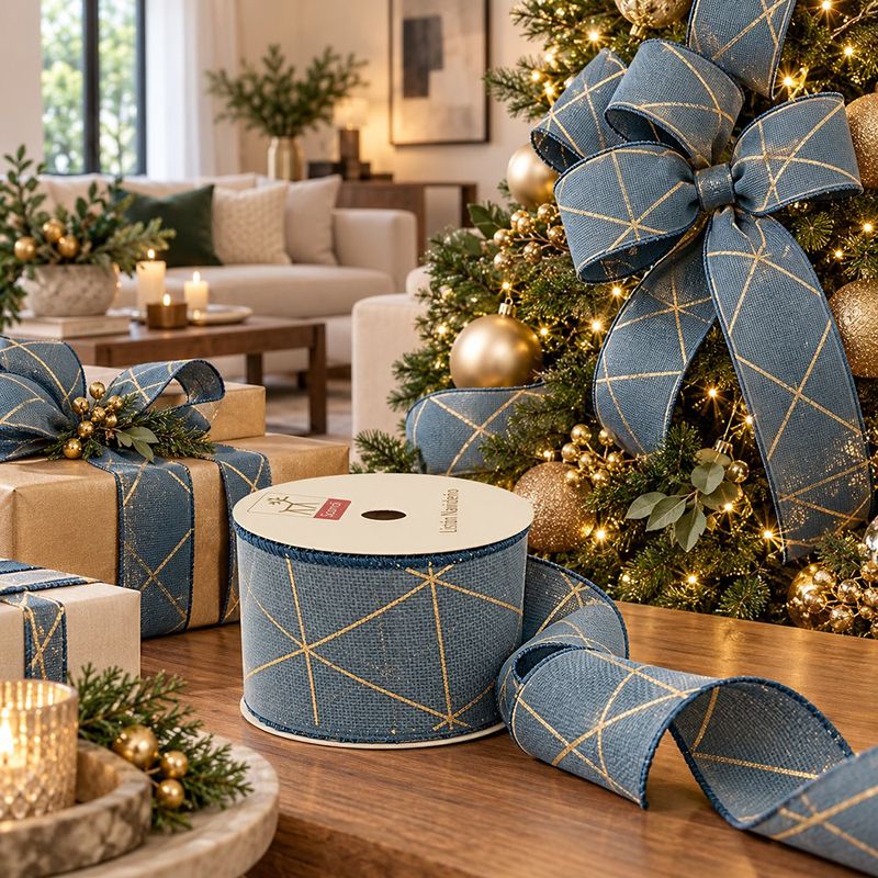 Listón Decorativo Navideño Azul con Diseño de Líneas Geométricas Doradas 2.5 Plg x 9 Yd