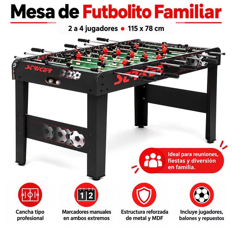 Mesa de Futbolito Familiar para 2 a 4 Jugadores 115 x 78 Cm Negro con Diseño Deportivo