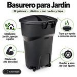 Basurero para Jardín de Plástico con Ruedas y Tapa 32 Galones Color Negro