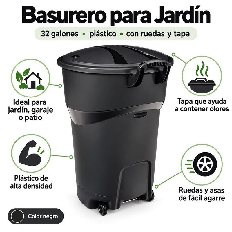 Basurero para Jardín de Plástico con Ruedas y Tapa 32 Galones Color Negro