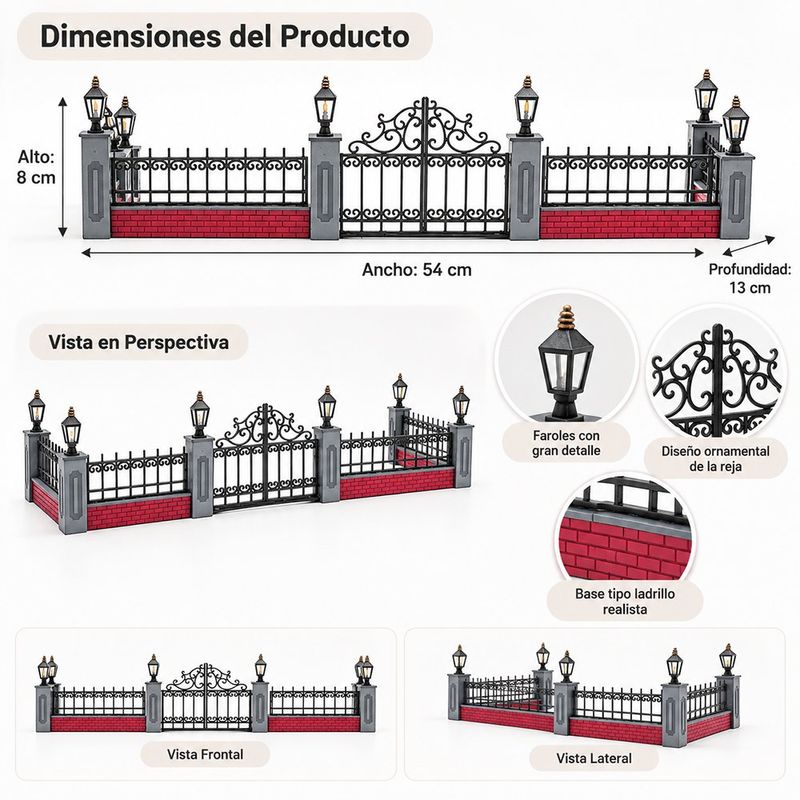 Set de Cerca Forjada Iluminada con Puerta Central y Columnas de Ladrillo para Villa Navideña Negro y Gris, 5 Piezas