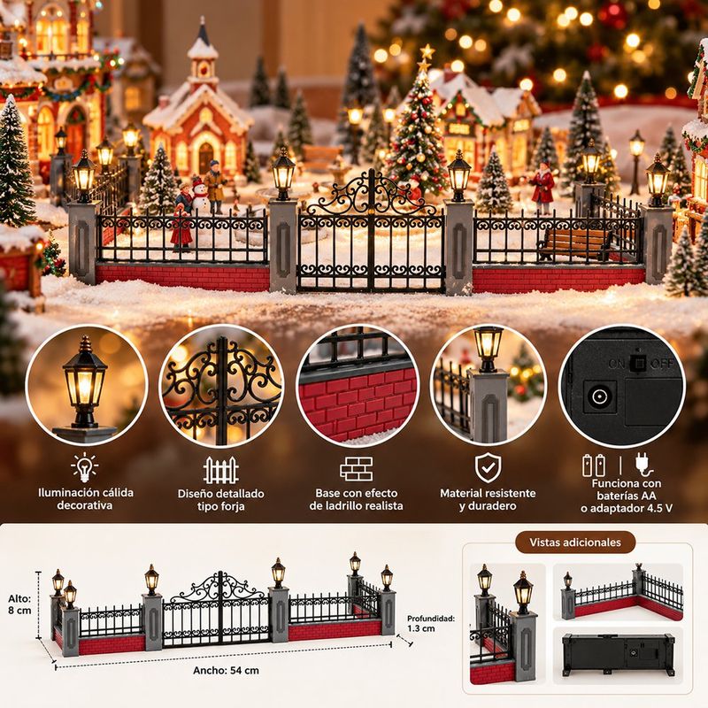 Set de Cerca Forjada Iluminada con Puerta Central y Columnas de Ladrillo para Villa Navideña Negro y Gris, 5 Piezas