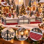 Set de Cerca Forjada Iluminada con Puerta Central y Columnas de Ladrillo para Villa Navideña Negro y Gris, 5 Piezas