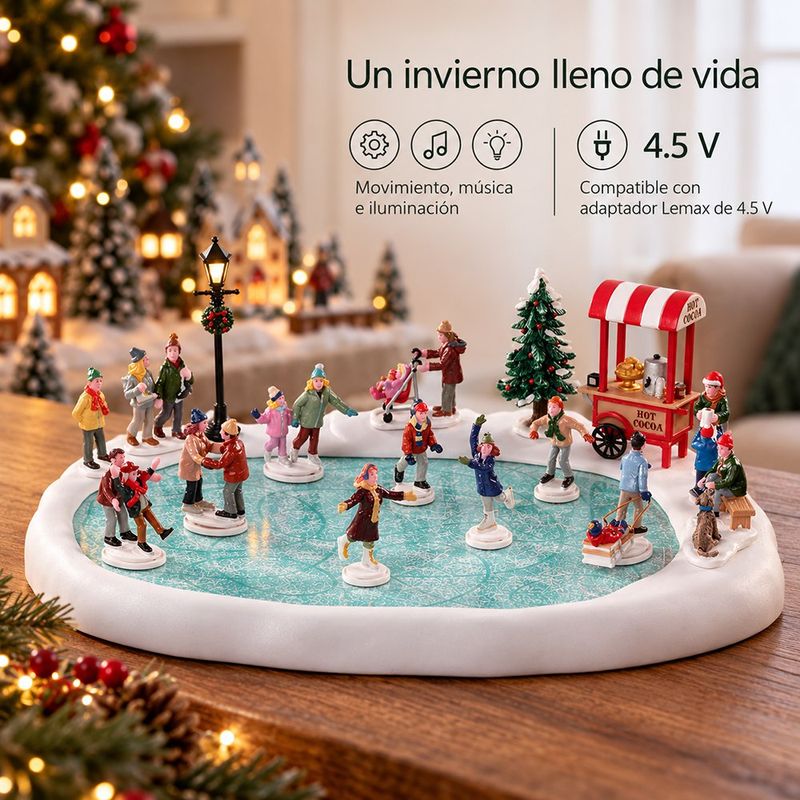 Pista de Patinaje con Sonido, Luces y Ocho Patinadores Animados en Resina para Villa Navideña, 18 Piezas