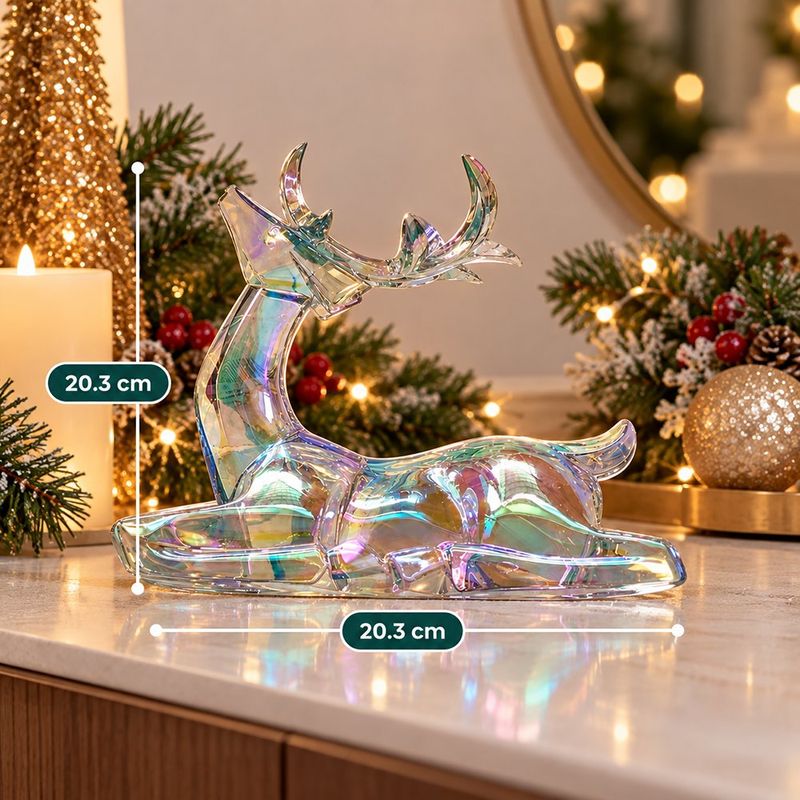 Reno Sentado Decorativo Navideño de Plástico con Acabado Iridiscente y Diseño Moderno Tornasol