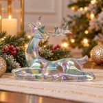 Reno Sentado Decorativo Navideño de Plástico con Acabado Iridiscente y Diseño Moderno Tornasol