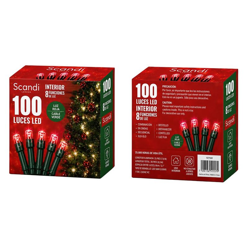 Serie de 100 Luces LED Rojas con 8 Funciones de Iluminación y Cable Verde para Árbol y Decoración Navideña de Interior