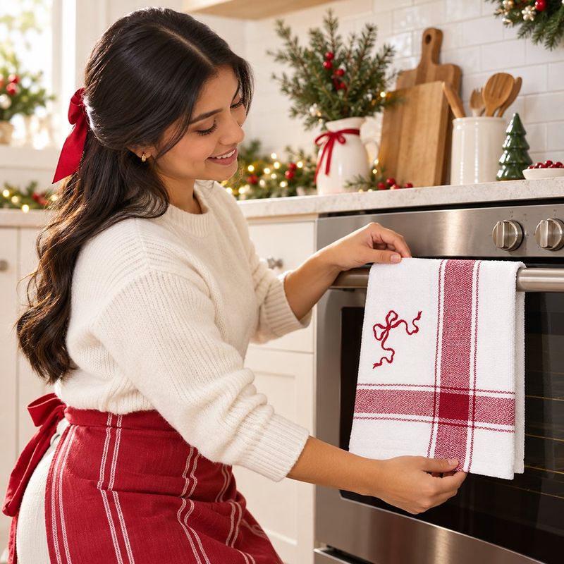 Toalla de Cocina Navideña Rojo con Moño