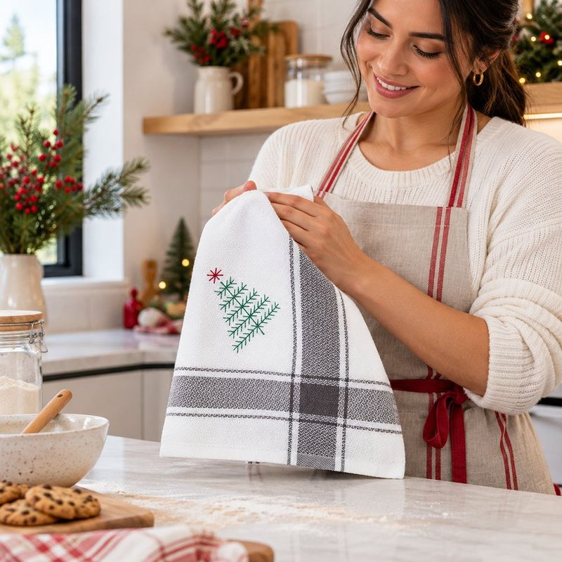 Toalla de Cocina Navideña Gris con Árbol Bordado